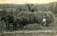 Bessie Trow and Nancy Trow haying, horse-drawn cart.
